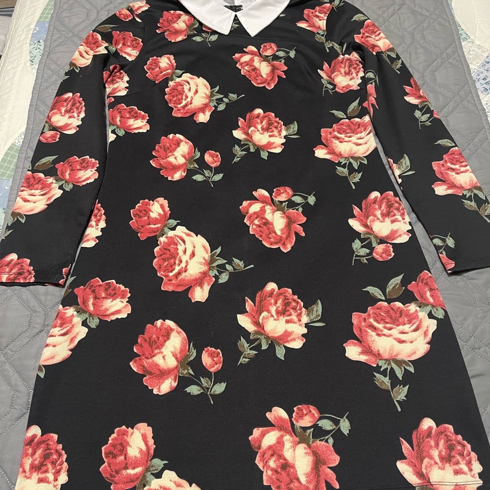 Mascara Black Dress with Red Floral Design